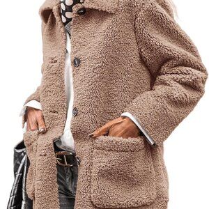 Women's Winter Faux Fur Coats Long Sleeve Lapel Button Down Pockets Fleece Sherp